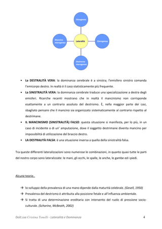 Mancino
eterogeneo
Destrorso
eterogeneo
Eterogenea
Omogenea
Lateralità
Mancino
eterogeneo
Destrorso
eterogeneo
Eterogenea
Omogenea
Lateralità
• La DESTRALITÀ VERA: la dominanza cerebrale è a sinistra; l’emisfero sinistro comanda
l’emicorpo destro. In realtà è il caso statisticamente più frequente.
• La SINISTRALITÀ VERA: la dominanza cerebrale traduce una specializzazione a destra degli
emisferi. Ricerche recenti mostrano che in realtà il mancinismo non corrisponde
esattamente a un contrario assoluto del destrismo. È, nella maggior parte dei casi,
sbagliato pensare che il mancino sia organizzato sistematicamente al contrario rispetto al
destrimane.
• IL MANCINISMO (SINISTRALITÀ) FALSO: questa situazione si manifesta, per lo più, in un
caso di incidente o di un’ amputazione, dove il soggetto destrimane diventa mancino per
impossibilità di utilizzazione del braccio destro.
• LA DESTRALITÀ FALSA: è una situazione inversa a quella della sinistralità falsa.
Tra queste differenti lateralizzazioni sono numerose le combinazioni, in quanto quasi tutte le parti
del nostro corpo sono lateralizzate: le mani, gli occhi, le spalle, le anche, le gambe ed i piedi.
Alcune teorie..
 lo sviluppo della prevalenza di una mano dipende dalla maturità celebrale. (Gesell, 1950)
 Prevalenza del destrismo è attribuita alla posizione fetale e all’influenza ambientale.
 Si tratta di una determinazione ereditaria con intervento del ruolo di pressione socio-
culturale. (Scharine, McBeath, 2002)
Dott.ssa Cristina Tonelli - Lateralità e Dominanza 4
 