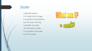 Sizzler
I sizzle like bacon.
I’m made with an egg.
I’ve got lots of backbone,
but not even one leg.
I peel like an onion,
yet still remain whole.
I’m long like a fish pole,
but fit in a hole.
 