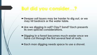 But did you consider…?
Deeper soil layers may be harder to dig out, or we
may hit bedrock or the water table.
Are we digging in soil? Clay? Sand? Each presents
its own special considerations.
Digging in a forest becomes much easier once we
have cut through the first several feet of roots.
Each man digging needs space to use a shovel.
 