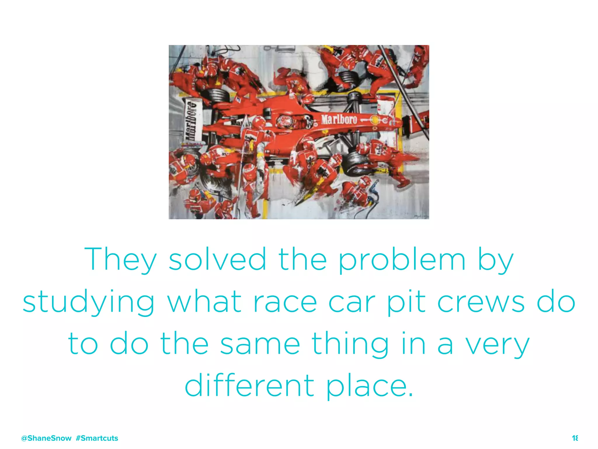 18
They solved the problem by
studying what race car pit crews do
to do the same thing in a very
different place.
@ShaneSnow #Smartcuts
 