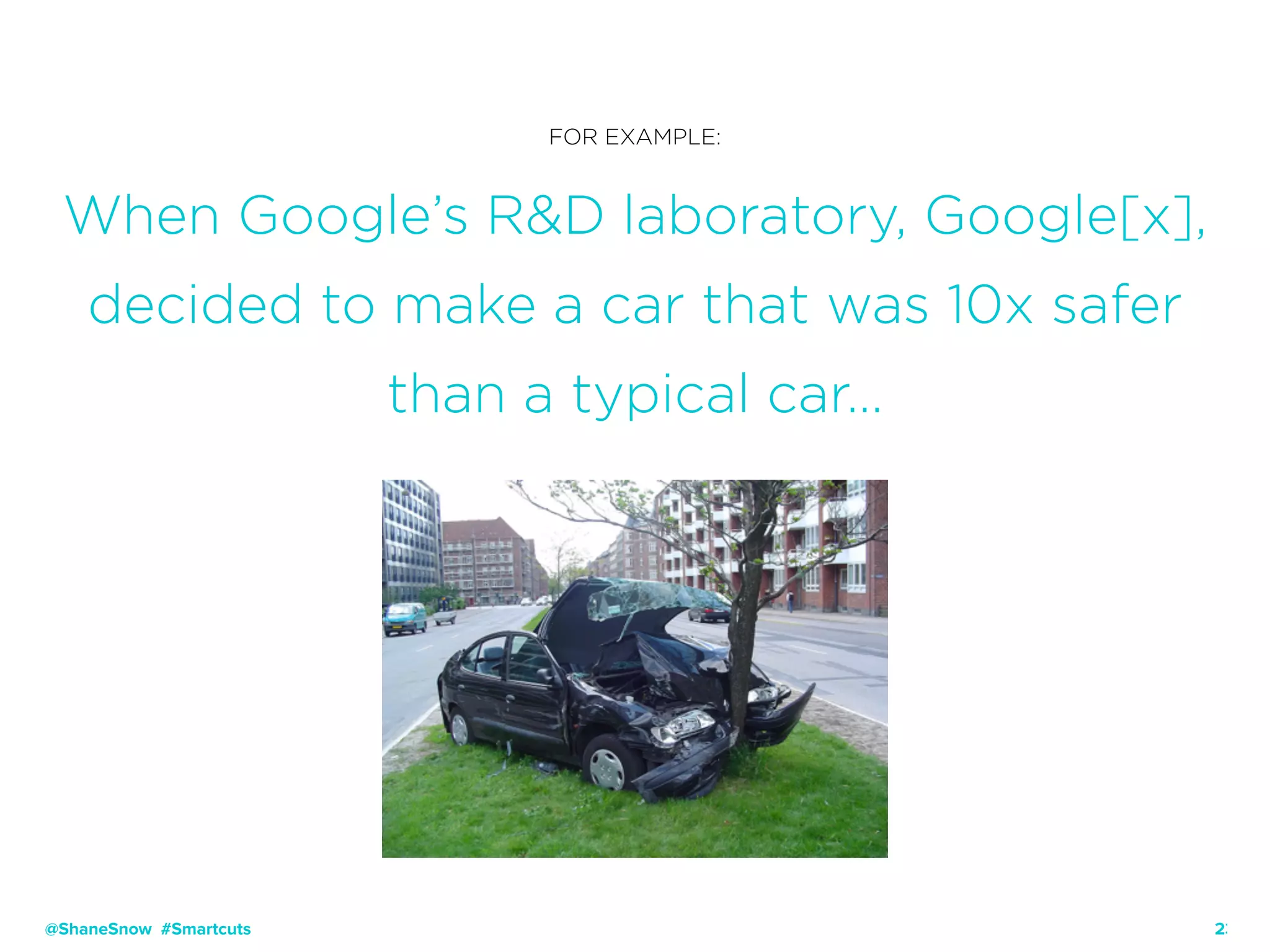23
FOR EXAMPLE:
When Google’s R&D laboratory, Google[x],
decided to make a car that was 10x safer
than a typical car…
@ShaneSnow #Smartcuts
 