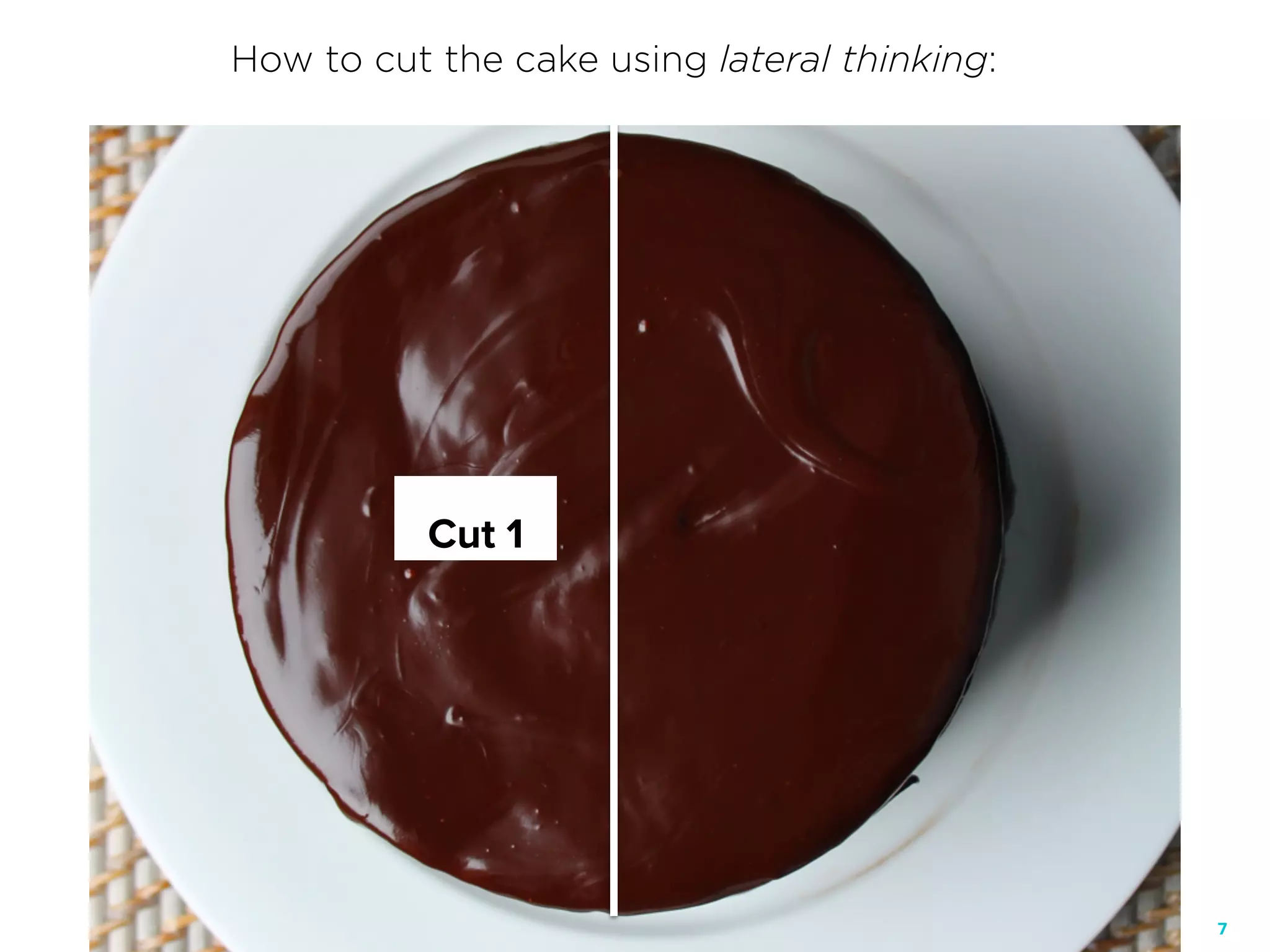 7
Cut 1
How to cut the cake using lateral thinking:
 