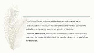 – The choroidal fissure is divided into body, atrial, and temporal parts.
– The body portion is situated in the body of the lateral ventricle between the
body of the fornix and the superior surface of the thalamus .
– The velum interpositum, through which the internal cerebral veins course, is
located on the medial side of the body portion of the fissure in the roof of the
third ventricle.
 