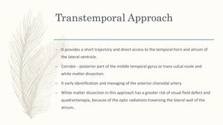 Transtemporal Approach
– It provides a short trajectory and direct access to the temporal horn and atrium of
the lateral ventricle.
– Corridor - posterior part of the middle temporal gyrus or trans sulcal route and
white matter dissection.
– It early identification and managing of the anterior choroidal artery.
– White matter dissection in this approach has a greater risk of visual field defect and
quadrantanopia, because of the optic radiations traversing the lateral wall of the
atrium..
 