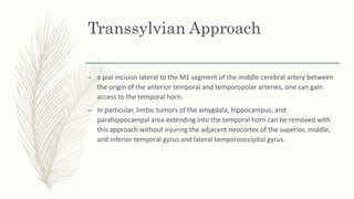 Transsylvian Approach
– a pial incision lateral to the M1 segment of the middle cerebral artery between
the origin of the anterior temporal and temporopolar arteries, one can gain
access to the temporal horn.
– In particular, limbic tumors of the amygdala, hippocampus, and
parahippocampal area extending into the temporal horn can be removed with
this approach without injuring the adjacent neocortex of the superior, middle,
and inferior temporal gyrus and lateral temporooccipital gyrus.
 
