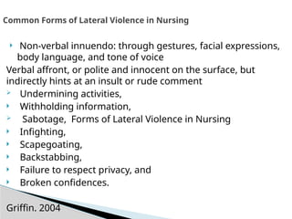  Non-verbal innuendo: through gestures, facial expressions,
body language, and tone of voice
Verbal affront, or polite and innocent on the surface, but
indirectly hints at an insult or rude comment
 Undermining activities,
 Withholding information,
 Sabotage, Forms of Lateral Violence in Nursing
 Infighting,
 Scapegoating,
 Backstabbing,
 Failure to respect privacy, and
 Broken confidences.
Griffin. 2004
Common Forms of Lateral Violence in Nursing
 