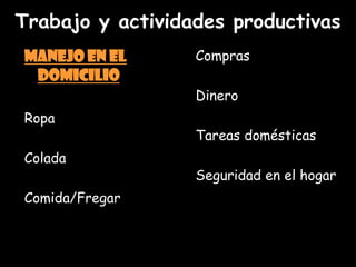 Trabajo y actividades productivas
Manejo en el      Compras
 domicilio
                  Dinero
Ropa
                  Tareas domésticas
Colada
                  Seguridad en el hogar
Comida/Fregar
 