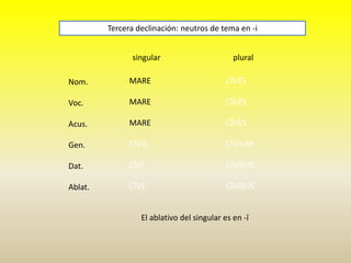 singular plural
Nom.
Voc.
Acus.
Gen.
Dat.
Ablat.
Tercera declinación: neutros de tema en -i
MARE
MARE
MARE
CĪVIS
CĪVĪ
CĪVE
CĪVĒS
CĪVĒS
CĪVĒS
CĪVIUM
CĪVIBUS
CĪVIBUS
El ablativo del singular es en -ī
 