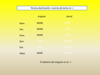 singular plural
Nom.
Voc.
Acus.
Gen.
Dat.
Ablat.
Tercera declinación: neutros de tema en -i
MARE
MARE
MARE
CĪVIS
CĪVĪ
MARĪ
CĪVĒS
CĪVĒS
CĪVĒS
CĪVIUM
CĪVIBUS
CĪVIBUS
El ablativo del singular es en -ī
 