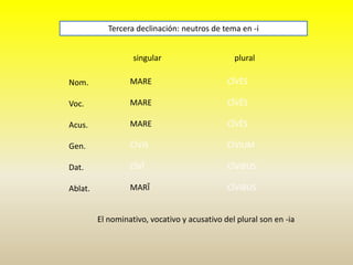 singular plural
Nom.
Voc.
Acus.
Gen.
Dat.
Ablat.
Tercera declinación: neutros de tema en -i
MARE
MARE
MARE
CĪVIS
CĪVĪ
MARĪ
CĪVĒS
CĪVĒS
CĪVĒS
CĪVIUM
CĪVIBUS
CĪVIBUS
El nominativo, vocativo y acusativo del plural son en -ia
 