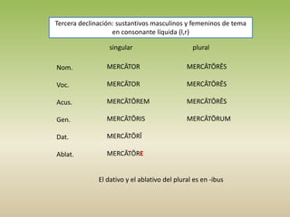 Tercera declinación: sustantivos masculinos y femeninos de tema
en consonante líquida (l,r)
singular plural
Nom.
Voc.
Acus.
Gen.
Dat.
Ablat.
MERCĀTOR
MERCĀTOR
MERCĀTŌREM
MERCĀTŌRIS
MERCĀTŌRĪ
MERCĀTŌRE
MERCĀTŌRĒS
MERCĀTŌRĒS
MERCĀTŌRĒS
MERCĀTŌRUM
El dativo y el ablativo del plural es en -ibus
 