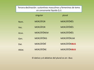 Tercera declinación: sustantivos masculinos y femeninos de tema
en consonante líquida (l,r)
singular plural
Nom.
Voc.
Acus.
Gen.
Dat.
Ablat.
MERCĀTOR
MERCĀTOR
MERCĀTŌREM
MERCĀTŌRIS
MERCĀTŌRĪ
MERCĀTŌRE
MERCĀTŌRĒS
MERCĀTŌRĒS
MERCĀTŌRĒS
MERCĀTŌRUM
MERCĀTŌRIBUS
MERCĀTŌRIBUS
El dativo y el ablativo del plural es en -ibus
 