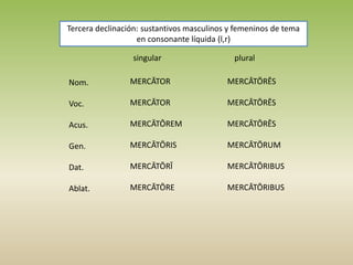 Tercera declinación: sustantivos masculinos y femeninos de tema
en consonante líquida (l,r)
singular plural
Nom.
Voc.
Acus.
Gen.
Dat.
Ablat.
MERCĀTOR
MERCĀTOR
MERCĀTŌREM
MERCĀTŌRIS
MERCĀTŌRĪ
MERCĀTŌRE
MERCĀTŌRĒS
MERCĀTŌRĒS
MERCĀTŌRĒS
MERCĀTŌRUM
MERCĀTŌRIBUS
MERCĀTŌRIBUS
 