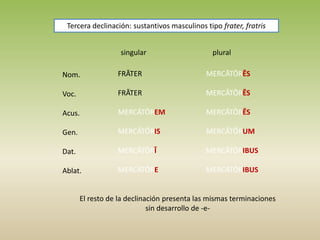 singular plural
Nom.
Voc.
Acus.
Gen.
Dat.
Ablat.
FRĀTER
FRĀTER
MERCĀTŌREM
MERCĀTŌRIS
MERCĀTŌRĪ
MERCĀTŌRE
MERCĀTŌRĒS
MERCĀTŌRĒS
MERCĀTŌRĒS
MERCĀTŌRUM
MERCĀTŌRIBUS
MERCĀTŌRIBUS
Tercera declinación: sustantivos masculinos tipo frater, fratris
El resto de la declinación presenta las mismas terminaciones
sin desarrollo de -e-
 