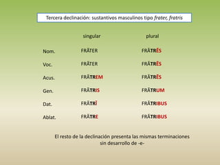 singular plural
Nom.
Voc.
Acus.
Gen.
Dat.
Ablat.
FRĀTER
FRĀTER
FRĀTREM
FRĀTRIS
FRĀTRĪ
FRĀTRE
FRĀTRĒS
FRĀTRĒS
FRĀTRĒS
FRĀTRUM
FRĀTRIBUS
FRĀTRIBUS
Tercera declinación: sustantivos masculinos tipo frater, fratris
El resto de la declinación presenta las mismas terminaciones
sin desarrollo de -e-
 
