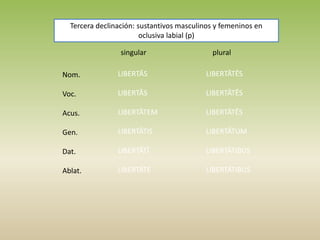 singular plural
Nom.
Voc.
Acus.
Gen.
Dat.
Ablat.
LIBERTĀS
LIBERTĀS
LIBERTĀTEM
LIBERTĀTIS
LIBERTĀTĪ
LIBERTĀTE
LIBERTĀTĒS
LIBERTĀTĒS
LIBERTĀTĒS
LIBERTĀTUM
LIBERTĀTIBUS
LIBERTĀTIBUS
Tercera declinación: sustantivos masculinos y femeninos en
oclusiva labial (p)
 