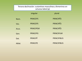 singular plural
Nom.
Voc.
Acus.
Gen.
Dat.
Ablat.
PRINCEPS
PRINCEPS
PRINCIPEM
PRINCIPIS
PRINCIPĪ
PRINCIPE
PRINCIPĒS
PRINCIPĒS
PRINCIPĒS
PRINCIPUM
PRINCIPIBUS
PRINCIPIBUS
Tercera declinación: sustantivos masculinos y femeninos en
oclusiva labial (p)
 