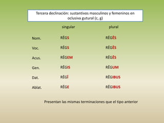 singular plural
Nom.
Voc.
Acus.
Gen.
Dat.
Ablat.
RĒGS
RĒGS
RĒGEM
RĒGIS
RĒGĪ
RĒGE
RĒGĒS
RĒGĒS
RĒGĒS
RĒGUM
RĒGIBUS
RĒGIBUS
Tercera declinación: sustantivos masculinos y femeninos en
oclusiva gutural (c, g)
Presentan las mismas terminaciones que el tipo anterior
 