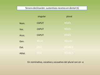 singular plural
Nom.
Voc.
Acus.
Gen.
Dat.
Ablat.
CAPUT
CAPUT
CAPUT
RĒGIS
RĒGĪ
RĒGE
RĒGĒS
RĒGĒS
RĒGĒS
RĒGUM
RĒGIBUS
RĒGIBUS
Tercera declinación: sustantivos neutros en dental (t)
En nominativo, vocativo y acusativo del plural son en -a
 