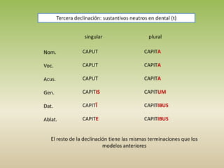 singular plural
Nom.
Voc.
Acus.
Gen.
Dat.
Ablat.
CAPUT
CAPUT
CAPUT
CAPITIS
CAPITĪ
CAPITE
CAPITA
CAPITA
CAPITA
CAPITUM
CAPITIBUS
CAPITIBUS
Tercera declinación: sustantivos neutros en dental (t)
El resto de la declinación tiene las mismas terminaciones que los
modelos anteriores
 