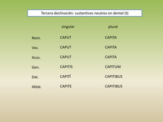 singular plural
Nom.
Voc.
Acus.
Gen.
Dat.
Ablat.
CAPUT
CAPUT
CAPUT
CAPITIS
CAPITĪ
CAPITE
CAPITA
CAPITA
CAPITA
CAPITUM
CAPITIBUS
CAPITIBUS
Tercera declinación: sustantivos neutros en dental (t)
 