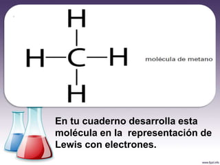 En tu cuaderno desarrolla esta
molécula en la representación de
Lewis con electrones.
 