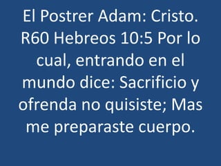El Postrer Adam: Cristo.
R60 Hebreos 10:5 Por lo
cual, entrando en el
mundo dice: Sacrificio y
ofrenda no quisiste; Mas
me preparaste cuerpo.

 