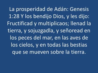 La prosperidad de Adán: Genesis
1:28 Y los bendijo Dios, y les dijo:
Fructificad y multiplicaos; llenad la
tierra, y sojuzgadla, y señoread en
los peces del mar, en las aves de
los cielos, y en todas las bestias
que se mueven sobre la tierra.

 
