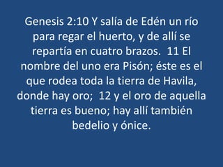 Genesis 2:10 Y salía de Edén un río
para regar el huerto, y de allí se
repartía en cuatro brazos. 11 El
nombre del uno era Pisón; éste es el
que rodea toda la tierra de Havila,
donde hay oro; 12 y el oro de aquella
tierra es bueno; hay allí también
bedelio y ónice.

 