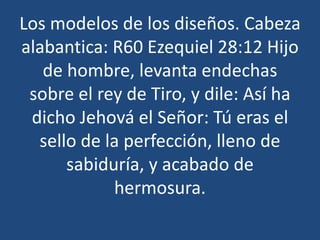 Los modelos de los diseños. Cabeza
alabantica: R60 Ezequiel 28:12 Hijo
de hombre, levanta endechas
sobre el rey de Tiro, y dile: Así ha
dicho Jehová el Señor: Tú eras el
sello de la perfección, lleno de
sabiduría, y acabado de
hermosura.

 