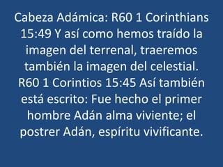 Cabeza Adámica: R60 1 Corinthians
15:49 Y así como hemos traído la
imagen del terrenal, traeremos
también la imagen del celestial.
R60 1 Corintios 15:45 Así también
está escrito: Fue hecho el primer
hombre Adán alma viviente; el
postrer Adán, espíritu vivificante.

 