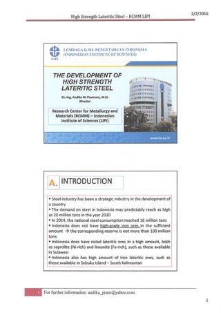 The Development of High Strength Lateritic Steel