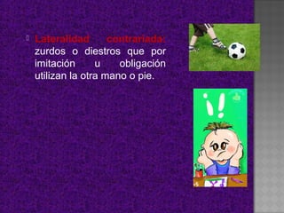    Lateralidad       contrariada:
    zurdos o diestros que por
    imitación      u    obligación
    utilizan la otra mano o pie.
 