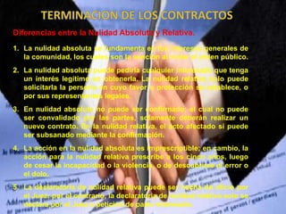 Diferencias entre la Nulidad Absoluta y Relativa.
1. La nulidad absoluta se fundamenta en los intereses generales de
la comunidad, los cuales son la sanción al violar el orden público.
2. La nulidad absoluta puede pedirla cualquier interesado que tenga
un interés legítimo en obtenerla. La nulidad relativa solo puede
solicitarla la persona en cuyo favor o protección se establece, o
por sus representantes legales.
3. En nulidad absoluta no puede ser confirmado; el cual no puede
ser convalidado por las partes, solamente deberán realizar un
nuevo contrato. En la nulidad relativa, el acto afectado si puede
ser subsanado mediante la confirmación.
4. La acción en la nulidad absoluta es imprescriptible; en cambio, la
acción para la nulidad relativa prescribe a los cinco años, luego
de cesar la incapacidad o la violencia, o de descubrirse el error o
el dolo.
5. La declaratoria de nulidad relativa puede ser hecha de oficio por
el Juez; por el contrario, la declaratoria de nulidad relativa solo se
declara por el Juez a petición de parte interesada.
 