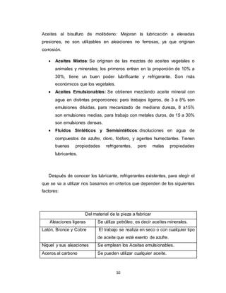 10
Aceites al bisulfuro de molibdeno: Mejoran la lubricación a elevadas
presiones, no son utilizables en aleaciones no ferrosas, ya que originan
corrosión.
 Aceites Mixtos: Se originan de las mezclas de aceites vegetales o
animales y minerales; los primeros entran en la proporción de 10% a
30%, tiene un buen poder lubrificante y refrigerante. Son más
económicos que los vegetales.
 Aceites Emulsionables: Se obtienen mezclando aceite mineral con
agua en distintas proporciones: para trabajos ligeros, de 3 a 8% son
emulsiones diluidas, para mecanizado de mediana dureza, 8 a15%
son emulsiones medias, para trabajo con metales duros, de 15 a 30%
son emulsiones densas.
 Fluidos Sintéticos y Semisintéticos: disoluciones en agua de
compuestos de azufre, cloro, fósforo, y agentes humectantes. Tienen
buenas propiedades refrigerantes, pero malas propiedades
lubricantes.
Después de conocer los lubricante, refrigerantes existentes, para elegir el
que se va a utilizar nos basamos en criterios que dependen de los siguientes
factores:
Del material de la pieza a fabricar
Aleaciones ligeras Se utiliza petróleo, es decir aceites minerales.
Latón, Bronce y Cobre El trabajo se realiza en seco o con cualquier tipo
de aceite que esté exento de azufre.
Níquel y sus aleaciones Se emplean los Aceites emulsionables.
Aceros al carbono Se pueden utilizar cualquier aceite.
 