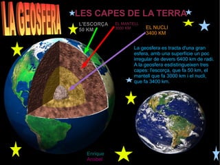 LES CAPES DE LA TERRA L'ESCORÇA 50 KM EL MANTELL  3000 KM EL NUCLI 3400 KM La geosfera es tracta d'una gran esfera, amb una superfície un poc irregular de devers 6400 km de radi. A la geosfera esdistingueixen tres capes: l'escorça, que fa 50 km, el mantell que fa 3000 km i el nucli, que fa 3400 km. Enrique Anabel   LA GEOSFERA 