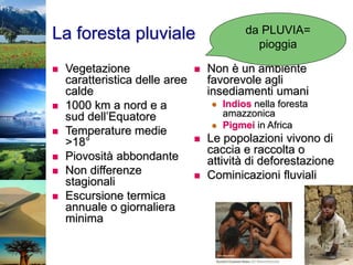 La foresta pluviale
 Vegetazione
caratteristica delle aree
calde
 1000 km a nord e a
sud dell’Equatore
 Temperature medie
>18°
 Piovosità abbondante
 Non differenze
stagionali
 Escursione termica
annuale o giornaliera
minima
 Non è un ambiente
favorevole agli
insediamenti umani
 Indios nella foresta
amazzonica
 Pigmei in Africa
 Le popolazioni vivono di
caccia e raccolta o
attività di deforestazione
 Cominicazioni fluviali
da PLUVIA=
pioggia
 