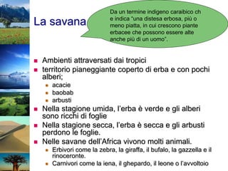 La savana
 Ambienti attraversati dai tropici
 territorio pianeggiante coperto di erba e con pochi
alberi;
 acacie
 baobab
 arbusti
 Nella stagione umida, l’erba è verde e gli alberi
sono ricchi di foglie
 Nella stagione secca, l’erba è secca e gli arbusti
perdono le foglie.
 Nelle savane dell’Africa vivono molti animali.
 Erbivori come la zebra, la giraffa, il bufalo, la gazzella e il
rinoceronte.
 Carnivori come la iena, il ghepardo, il leone o l’avvoltoio
Da un termine indigeno caraibico ch
e indica “una distesa erbosa, più o
meno piatta, in cui crescono piante
erbacee che possono essere alte
anche più di un uomo”.
 