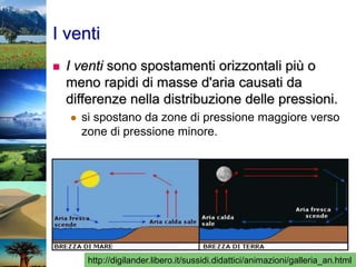 I venti
 I venti sono spostamenti orizzontali più o
meno rapidi di masse d'aria causati da
differenze nella distribuzione delle pressioni.
 si spostano da zone di pressione maggiore verso
zone di pressione minore.
http://digilander.libero.it/sussidi.didattici/animazioni/galleria_an.html
 