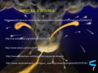 ADRECES D’INTERÈS

http://www20.gencat.cat/docs/parcsnaturals/Home/Zona%20Volcanica%20de%20la%2




http://ca.wikipedia.org/wiki/Volc%C3%A0


http://www.edu3.cat/Edu3tv/Fitxa?p_id=29186


 http://www.slideshare.net/blogsoller/capes-de-la-terra

 http://www.recercaenaccio.cat/agaur_reac/AppJava/ca/projecte/20101018-histories-d
 