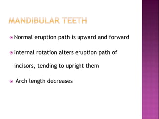  Normal eruption path is upward and forward
 Internal rotation alters eruption path of
incisors, tending to upright them
 Arch length decreases
 