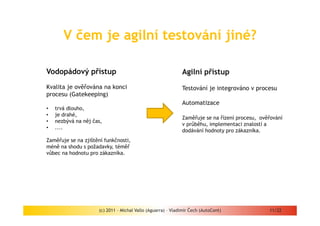 V čem je agilní testování jiné?

Vodopádový přístup                                           Agilní přístup
Kvalita je ověřována na konci                                Testování je integrováno v procesu
procesu (Gatekeeping)
                                                             Automatizace
•   trvá dlouho,
•   je drahé,
                                                             Zaměřuje se na řízení procesu, ověřování
•   nezbývá na něj čas,
                                                             v průběhu, implementaci znalostí a
•   ....
                                                             dodávání hodnoty pro zákazníka.
Zaměřuje se na zjištění funkčnosti,
méně na shodu s požadavky, téměř
vůbec na hodnotu pro zákazníka.




                     (c) 2011 - Michal Vallo (Aguarra) – Vladimír Čech (AutoCont)              11/22
 