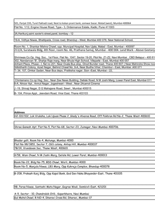 501, Parijat CHS, Turel Pakhadi road, Next to kokan prant bank, somwar bazar, Malad (west), Mumbai-400064
Flat No. 1/12, Engine House Road, Type - 3, Ordannance Estate, Kadki, Pune 411003

3A,Harikunj,saint xavier's street,parel, bombay - 12

19-A, Vidhya Niwas, Bhattipada, Cross road, Bhandup - West, Mumbai 400 078, Near National School,

Room No. 1, Shankar Mishra Chawl, opp. Muncipal Hospital, Nav Ujala, Malad - East, Mumbai - 400097
211/A, Suratwala Bldg, 4th floor, room No. 46, Prathana Samaj, Mumbai - 400 004. Land Mark - Above Geetanja

Shriniwas Co.Op. Hsg. Soc., 1st Floor, Flat No. 1047, Sector 19-20, Plot No. Z1-Z2, Navi Mumbai , CBD Belapur - 400 614
302, Nandanvan 'B', Shahje Raje marg, Near Bhuta High School, Vileparle - East, Mumbai 400 057
Arihant Plaza, Phase - I, flat no 201, Near Ovala Bus stop, Ghod Bunder road, Thane 400 607 ( Near Mahindra Show room
Si8ddharth Colony, Azad Nagar, Behind Chawl No. 9-A, Near Budha Vihar, Chembur - East, Mumbai .400 071
T- 34, 107, Omkar Sadan, Near Bus depo, Pratiksha nagar, Sion -East, Mumbai - 22,


 Chintamano Co.op Hsg, Soc., Near Zee News Building, Delisle Road, N M Joshi Marg, Lower Parel East, Mumbai 011
8-A, Alnoor Apt., Amrut Nagar, Jogeshwari - West , Near 24carrot Cinema
J -19, Shivaji Nagar, D G Mahajane Road, Sewri , Mumbai 400015
B- 104, Prince Appt., Jeevdani Road, Virar East, Thane 403103




Address
H2-101/102, Lok Vruksha, Lok Upvan Phase 2, Glady's Alvares Road, Off Pokhran Rd No-2, Thane West-400610



Shree Ganesh Apt; Flat No-5, Plot No-68, Sector-23, Juinagar, Navi Mumbai-400706.




Bhadar galli, Room No-4, Matunga, Mumbai-4000
Flat No-98/3851, Sector 7, CGS colony, Antop Hill, Mumbai-400037
7B/14, Vrundavan Soc, Thane West, 400601

4/58, Wani Chawl, N M Joshi Marg, Delisle Rd, Lower Parel, Mumbai-400013

Room No-22, Bldg No-75, BDD Chawl, Worli, Mumbai-4000
Room No-5, Manjula Niwas, LBS Marg, Opp Kukreja Complex, Bhandup-400078

B-208, Prakash Kunj Bldg, Opp Kapol Bank, God Dev Naka Bhayander-East, Thane-401105




9B, Paras Niwas, Santoshi Mata Nagar, Gogras Wadi, Dombivli-East, 421201

A-9, Sector - 10, Chandralok CHS., Koparkhaire, Navi Mumbai
Gul Mohd Chawl, R NO-4, Dharavi Cross Rd, Dharavi, Mumbai-17
 