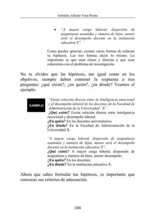 Arístides Alfredo Vara Horna
104
• “A mayor carga laboral, dispersión de
asignaturas asumidas y número de hijos, menor
será el desempeño docente en la institución
educativa X”.
Como puedes apreciar, existen varias formas de redactar
tu hipótesis. Las tres formas dicen lo mismo. Lo
importante es que sean claras y directas y que sean
coherentes con el problema de investigación.
No te olvides que las hipótesis, tan igual como en los
objetivos, siempre deben contener la respuesta a tres
preguntas: ¿qué existe?, ¿en quién?, ¿en dónde? Veamos el
ejemplo:
“Existe relación directa entre la Inteligencia emocional
y el desempeño laboral de los docentes de la Facultad de
Administración de la Universidad “X”.
¿Qué existe? Existe relación directa entre inteligencia
emocional y desempeño laboral.
¿En quién? En los docentes universitarios.
¿En dónde? En la Facultad de Administración de la
Universidad X.
“A mayor carga laboral, dispersión de asignaturas
asumidas y número de hijos, menor será el desempeño
docente en la institución educativa X”.
¿Qué existe? A mayor carga laboral, dispersión de
asignaturas y número de hijos, menor desempeño.
¿En quién? En los docentes.
¿En dónde? En la institución educativa X.
Ahora que sabes formular tus hipótesis, es importante que
conozcas sus criterios de adecuación.
 