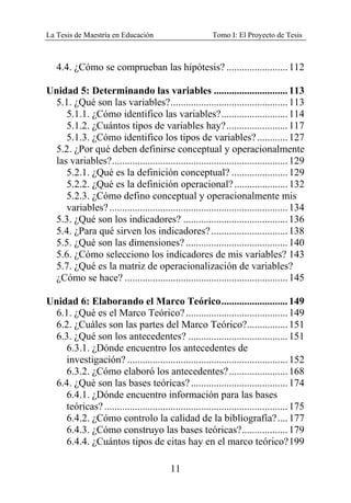 La Tesis de Maestría en Educación Tomo I: El Proyecto de Tesis
11
4.4. ¿Cómo se comprueban las hipótesis? ........................112
Unidad 5: Determinando las variables .............................113
5.1. ¿Qué son las variables?..............................................113
5.1.1. ¿Cómo identifico las variables?..........................114
5.1.2. ¿Cuántos tipos de variables hay?........................117
5.1.3. ¿Cómo identifico los tipos de variables?............127
5.2. ¿Por qué deben definirse conceptual y operacionalmente
las variables?.....................................................................129
5.2.1. ¿Qué es la definición conceptual? ......................129
5.2.2. ¿Qué es la definición operacional?.....................132
5.2.3. ¿Cómo defino conceptual y operacionalmente mis
variables?......................................................................134
5.3. ¿Qué son los indicadores? .........................................136
5.4. ¿Para qué sirven los indicadores?..............................138
5.5. ¿Qué son las dimensiones?........................................140
5.6. ¿Cómo selecciono los indicadores de mis variables? 143
5.7. ¿Qué es la matriz de operacionalización de variables?
¿Cómo se hace? ................................................................145
Unidad 6: Elaborando el Marco Teórico..........................149
6.1. ¿Qué es el Marco Teórico?........................................149
6.2. ¿Cuáles son las partes del Marco Teórico?................151
6.3. ¿Qué son los antecedentes? .......................................151
6.3.1. ¿Dónde encuentro los antecedentes de
investigación? ...............................................................152
6.3.2. ¿Cómo elaboró los antecedentes?.......................168
6.4. ¿Qué son las bases teóricas?......................................174
6.4.1. ¿Dónde encuentro información para las bases
teóricas?........................................................................175
6.4.2. ¿Cómo controlo la calidad de la bibliografía?....177
6.4.3. ¿Cómo construyo las bases teóricas?..................179
6.4.4. ¿Cuántos tipos de citas hay en el marco teórico?199
 