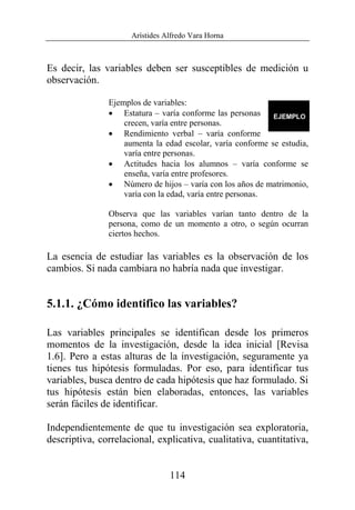 Arístides Alfredo Vara Horna
114
Es decir, las variables deben ser susceptibles de medición u
observación.
Ejemplos de variables:
• Estatura – varía conforme las personas
crecen, varía entre personas.
• Rendimiento verbal – varía conforme
aumenta la edad escolar, varía conforme se estudia,
varía entre personas.
• Actitudes hacia los alumnos – varía conforme se
enseña, varía entre profesores.
• Número de hijos – varía con los años de matrimonio,
varía con la edad, varía entre personas.
Observa que las variables varían tanto dentro de la
persona, como de un momento a otro, o según ocurran
ciertos hechos.
La esencia de estudiar las variables es la observación de los
cambios. Si nada cambiara no habría nada que investigar.
5.1.1. ¿Cómo identifico las variables?
Las variables principales se identifican desde los primeros
momentos de la investigación, desde la idea inicial [Revisa
1.6]. Pero a estas alturas de la investigación, seguramente ya
tienes tus hipótesis formuladas. Por eso, para identificar tus
variables, busca dentro de cada hipótesis que haz formulado. Si
tus hipótesis están bien elaboradas, entonces, las variables
serán fáciles de identificar.
Independientemente de que tu investigación sea exploratoria,
descriptiva, correlacional, explicativa, cualitativa, cuantitativa,
 