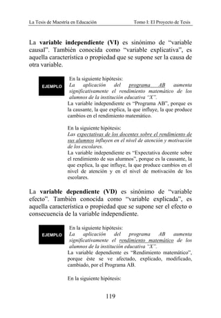 La Tesis de Maestría en Educación Tomo I: El Proyecto de Tesis
119
La variable independiente (VI) es sinónimo de “variable
causal”. También conocida como “variable explicativa”, es
aquella característica o propiedad que se supone ser la causa de
otra variable.
En la siguiente hipótesis:
La aplicación del programa AB aumenta
significativamente el rendimiento matemático de los
alumnos de la institución educativa “X”.
La variable independiente es “Programa AB”, porque es
la causante, la que explica, la que influye, la que produce
cambios en el rendimiento matemático.
En la siguiente hipótesis:
Las expectativas de los docentes sobre el rendimiento de
sus alumnos influyen en el nivel de atención y motivación
de los escolares.
La variable independiente es “Expectativa docente sobre
el rendimiento de sus alumnos”, porque es la causante, la
que explica, la que influye, la que produce cambios en el
nivel de atención y en el nivel de motivación de los
escolares.
La variable dependiente (VD) es sinónimo de “variable
efecto”. También conocida como “variable explicada”, es
aquella característica o propiedad que se supone ser el efecto o
consecuencia de la variable independiente.
En la siguiente hipótesis:
La aplicación del programa AB aumenta
significativamente el rendimiento matemático de los
alumnos de la institución educativa “X”.
La variable dependiente es “Rendimiento matemático”,
porque éste se ve afectado, explicado, modificado,
cambiado, por el Programa AB.
En la siguiente hipótesis:
 