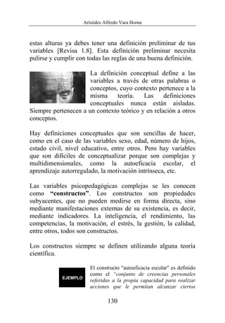 Arístides Alfredo Vara Horna
130
estas alturas ya debes tener una definición preliminar de tus
variables [Revisa 1.8]. Esta definición preliminar necesita
pulirse y cumplir con todas las reglas de una buena definición.
La definición conceptual define a las
variables a través de otras palabras o
conceptos, cuyo contexto pertenece a la
misma teoría. Las definiciones
conceptuales nunca están aisladas.
Siempre pertenecen a un contexto teórico y en relación a otros
conceptos.
Hay definiciones conceptuales que son sencillas de hacer,
como en el caso de las variables sexo, edad, número de hijos,
estado civil, nivel educativo, entre otros. Pero hay variables
que son difíciles de conceptualizar porque son complejas y
multidimensionales, como la autoeficacia escolar, el
aprendizaje autorregulado, la motivación intrínseca, etc.
Las variables psicopedagógicas complejas se les conocen
como “constructos”. Los constructos son propiedades
subyacentes, que no pueden medirse en forma directa, sino
mediante manifestaciones externas de su existencia, es decir,
mediante indicadores. La inteligencia, el rendimiento, las
competencias, la motivación, el estrés, la gestión, la calidad,
entre otros, todos son constructos.
Los constructos siempre se definen utilizando alguna teoría
científica.
El constructo "autoeficacia escolar" es definido
como el “conjunto de creencias personales
referidas a la propia capacidad para realizar
acciones que le permitan alcanzar ciertos
 