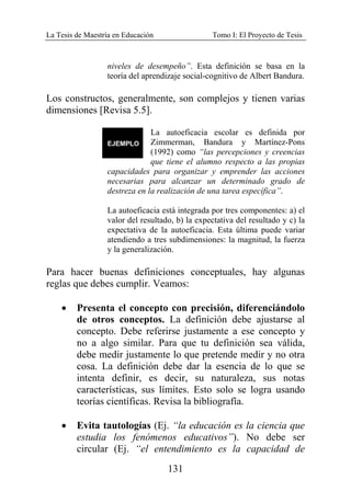 La Tesis de Maestría en Educación Tomo I: El Proyecto de Tesis
131
niveles de desempeño”. Esta definición se basa en la
teoría del aprendizaje social-cognitivo de Albert Bandura.
Los constructos, generalmente, son complejos y tienen varias
dimensiones [Revisa 5.5].
La autoeficacia escolar es definida por
Zimmerman, Bandura y Martínez-Pons
(1992) como “las percepciones y creencias
que tiene el alumno respecto a las propias
capacidades para organizar y emprender las acciones
necesarias para alcanzar un determinado grado de
destreza en la realización de una tarea específica”.
La autoeficacia está integrada por tres componentes: a) el
valor del resultado, b) la expectativa del resultado y c) la
expectativa de la autoeficacia. Esta última puede variar
atendiendo a tres subdimensiones: la magnitud, la fuerza
y la generalización.
Para hacer buenas definiciones conceptuales, hay algunas
reglas que debes cumplir. Veamos:
• Presenta el concepto con precisión, diferenciándolo
de otros conceptos. La definición debe ajustarse al
concepto. Debe referirse justamente a ese concepto y
no a algo similar. Para que tu definición sea válida,
debe medir justamente lo que pretende medir y no otra
cosa. La definición debe dar la esencia de lo que se
intenta definir, es decir, su naturaleza, sus notas
características, sus límites. Esto solo se logra usando
teorías científicas. Revisa la bibliografía.
• Evita tautologías (Ej. “la educación es la ciencia que
estudia los fenómenos educativos”). No debe ser
circular (Ej. “el entendimiento es la capacidad de
 