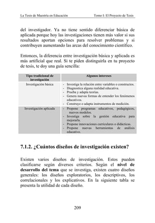 La Tesis de Maestría en Educación Tomo I: El Proyecto de Tesis
209
del investigador. Ya no tiene sentido diferenciar básica de
aplicada porque hoy las investigaciones tienen más valor si sus
resultados aportan opciones para resolver problemas y si
contribuyen aumentando las arcas del conocimiento científico.
Entonces, la diferencia entre investigación básica y aplicada es
más artificial que real. Si te piden distinguirla en tu proyecto
de tesis, te doy una guía sencilla:
Tipo tradicional de
investigación
Algunos intereses
Investigación básica - Investiga la relación entre variables o constructos.
- Diagnostica alguna realidad educativa.
- Prueba y adapta teorías.
- Genera nuevas formas de entender los fenómenos
educativos.
- Construye o adapta instrumentos de medición.
Investigación aplicada - Propone programas educativos, pedagógicos,
nuevos modelos.
- Investiga sobre la gestión educativa para
mejorarla.
- Propone innovaciones curriculares o didácticas.
- Propone nuevas herramientas de análisis
educativo.
7.1.2. ¿Cuántos diseños de investigación existen?
Existen varios diseños de investigación. Estos pueden
clasificarse según diversos criterios. Según el nivel de
desarrollo del tema que se investiga, existen cuatro diseños
generales: los diseños exploratorios, los descriptivos, los
correlacionales y los explicativos. En la siguiente tabla se
presenta la utilidad de cada diseño.
 